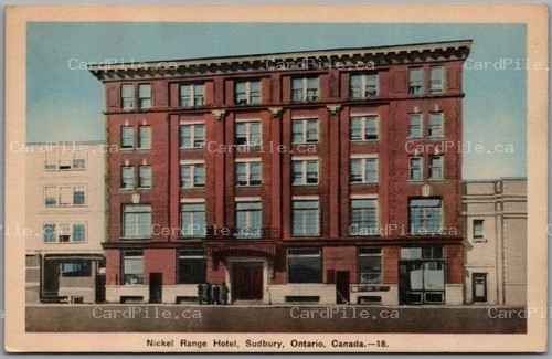 Postcard Sudbury Ontario c1940s Nickel Range Hotel Street View