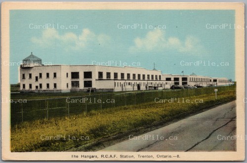 Postcard Trenton Ontario c1940s The Hangars RCAF Station Old Cars