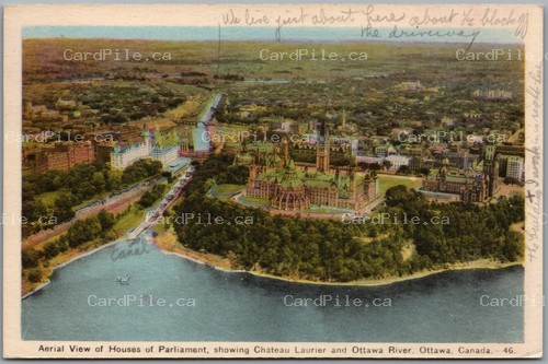 Postcard Ottawa Ontario c1930s Aerial View Houses of Parliament Chateau Laurier