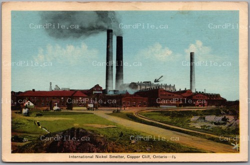 Postcard Copper Cliff Ontario c1920s International Nickel Smelter Smoke Stacks