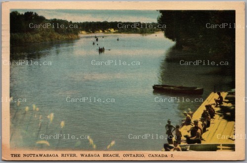 Postcard Wasaga Beach Ontario 1950 Nottawasaga River Canoes Bathers Dock