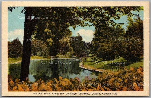 Postcard Ottawa Ontario c1930s Garden Scene Along the Dominion Driveway Bridge