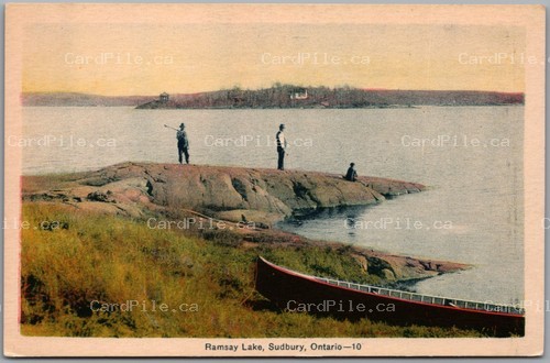 Postcard Sudbury Ontario c1930s Ramsay Lake Canoe Rocky Shore Men Fishing PECo