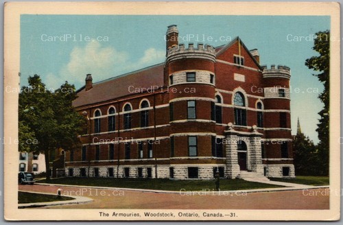 Postcard Woodstock Ontario c1930s The Armouries Oxford County Old Car PECo