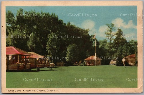 Postcard Kincardine Ontario 1951 Tourist Camp Log Cabins Old Car Bruce County