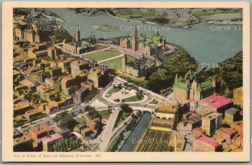 Postcard Ottawa Ontario 1930s Aerial View of Central Ottawa Parliament Buildings