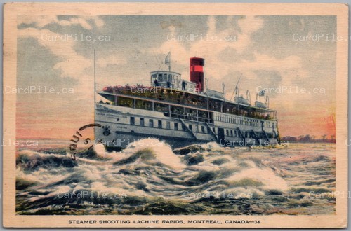 Postcard Montreal Quebec 1934 Steamer Shooting Lachine Rapids Split Ring Matsqui