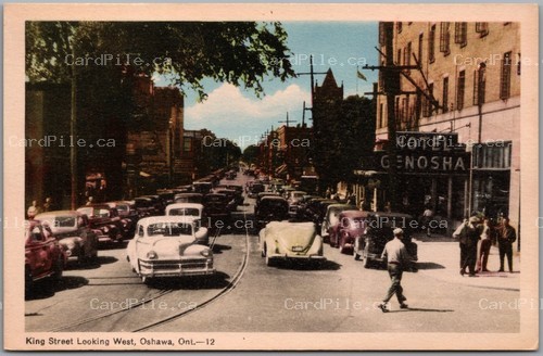 Postcard Oshawa Ontario c1945 King Street Looking West Hotel Genosha Old Cars