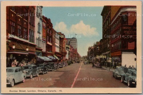 Postcard London Ontario c1940s Dundas Street Old Cars Storefronts Middlesex