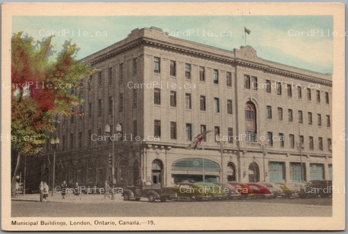 Postcard London Ontario c1940s Municipal Buildings Old Cars Street View