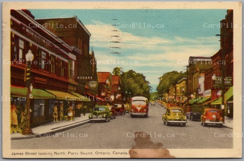 Postcard Parry Sound Ontario c1953 James Street Looking North Old Cars *as is*