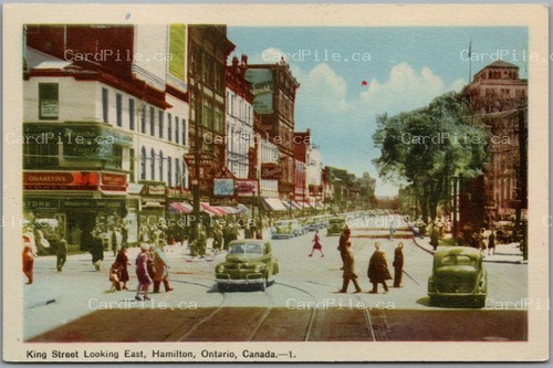 Postcard Hamilton Ontario c1940s King Street Looking East Old Cars Store Fronts