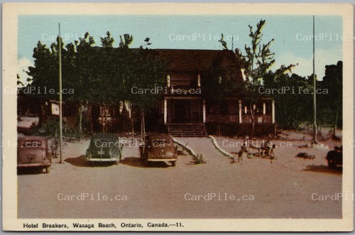 Postcard Wasaga Beach Ontario c1940s Hotel Breakers Old Cars Simcoe County