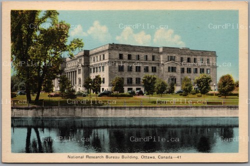 Postcard Ottawa Ontario c1940s National Research Bureau Building River Old Cars