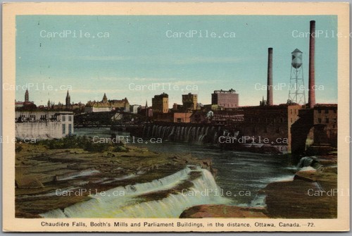 Postcard Ottawa Ontario c1935 Chaudiere Falls Booths Mills Parliament Buildings