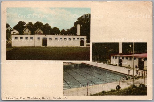 Postcard Woodstock Ontario c1951 Lions Club Dual View Split Ring Ravenscliffe
