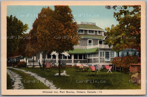 Postcard Port Stanley Ontario 1940 Hillcrest Inn Lawn Chairs Dog Elgin County