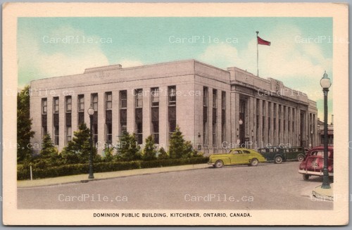 Postcard Kitchener Ontario c1940s Dominion Public Building Old Cars Waterloo
