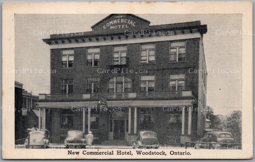 Postcard Woodstock Ontario c1940s New Commercial Hotel Oxford County Old Cars