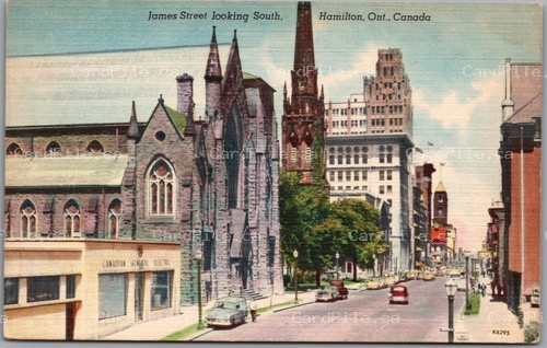 Postcard Hamilton Ontario c1945 James Street Looking South Church Old Cars