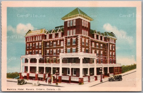 Postcard Kenora Ontario c1930s Kenricia Hotel Old Cars Street View