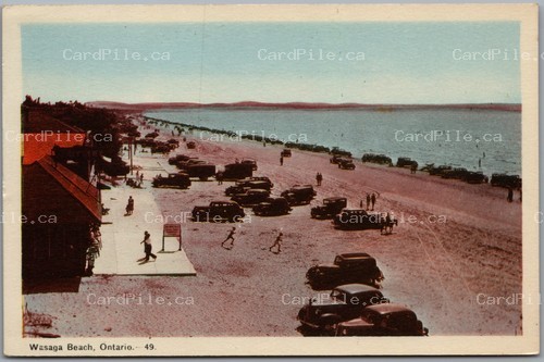 Postcard Wasaga Beach Ontario c1940s Beach View Old Cars Simcoe County