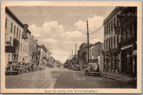 Postcard Kincardine Ontario c1940s Queen St. Looking North Bruce Inn Gas Pump