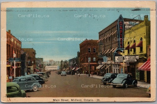 Postcard Midland Ontario 1942 Main Street Capitol Theatre Hotel Georgian Yiddish