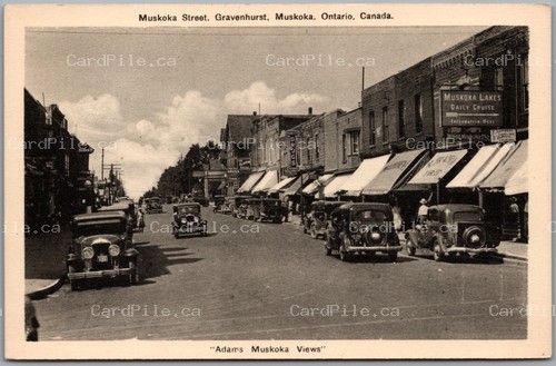 Postcard Gravenhurst Ontario c1935 Muskoka Street Old Cars Storefronts Drugs