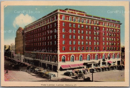 Postcard London Ontario c1940s Hotel London Old Cars Street View Middlesex