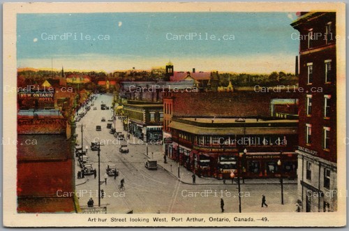 Postcard Port Arthur Ontario c1920s Arthur Street Looking West Old Cars Hotel