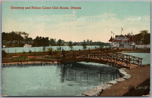 Postcard Ottawa Ontario c1910 Driveway and Rideau Canoe Club House Bridge