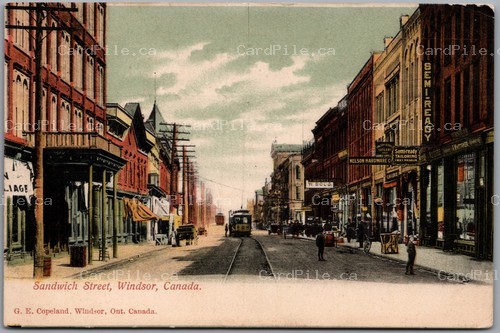 Postcard Windsor Ontario c1909 Sandwich Street Trolley Car Nelson Hardware
