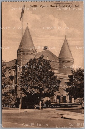 Postcard Orillia Ontario 1934 Opera House and City Hall to Dundas ONT