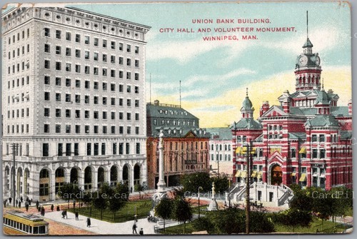 Postcard Winnipeg Manitoba 1906 Union Bank Building City Hall Volunteer Monument