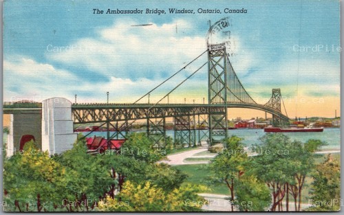 Postcard Windsor Ontario 1957 The Ambassador Bridge Ship New Westminster Cancel