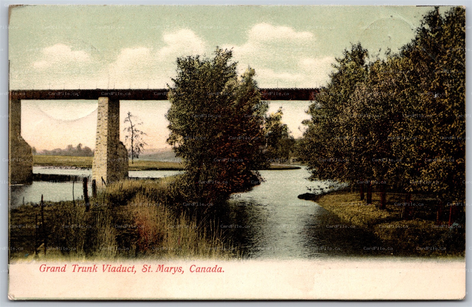 Postcard St. Marys Ontario c1906 Grant Trunk Viaduct Bridge Scenic View Perth Co