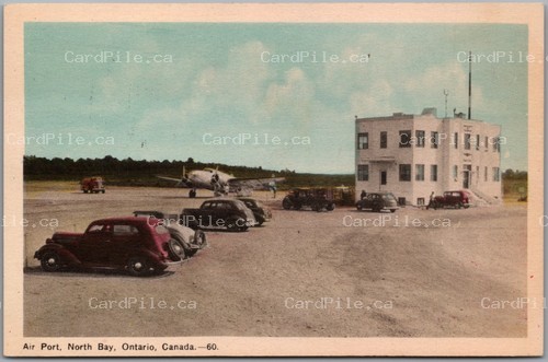 Postcard North Bay Ontario c1940s Air Port Plane Old Cars Nipissing District