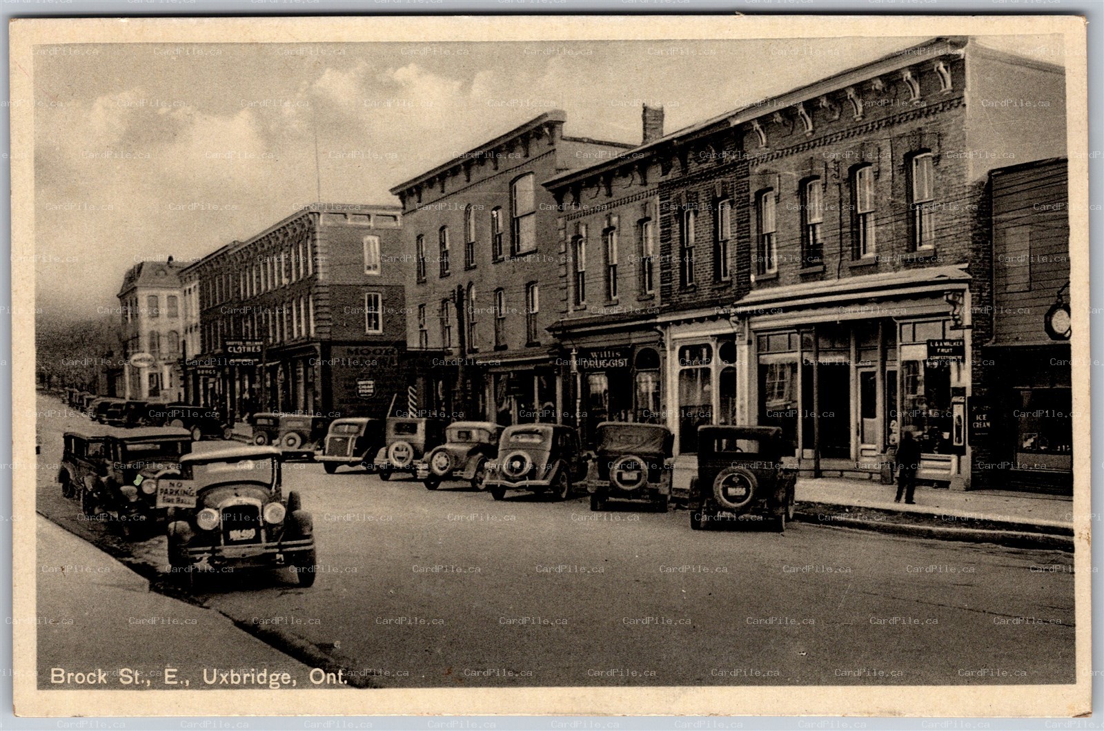 Postcard Uxbridge Ontario c1930s Brock Street East Old Cars Shops Durham Region