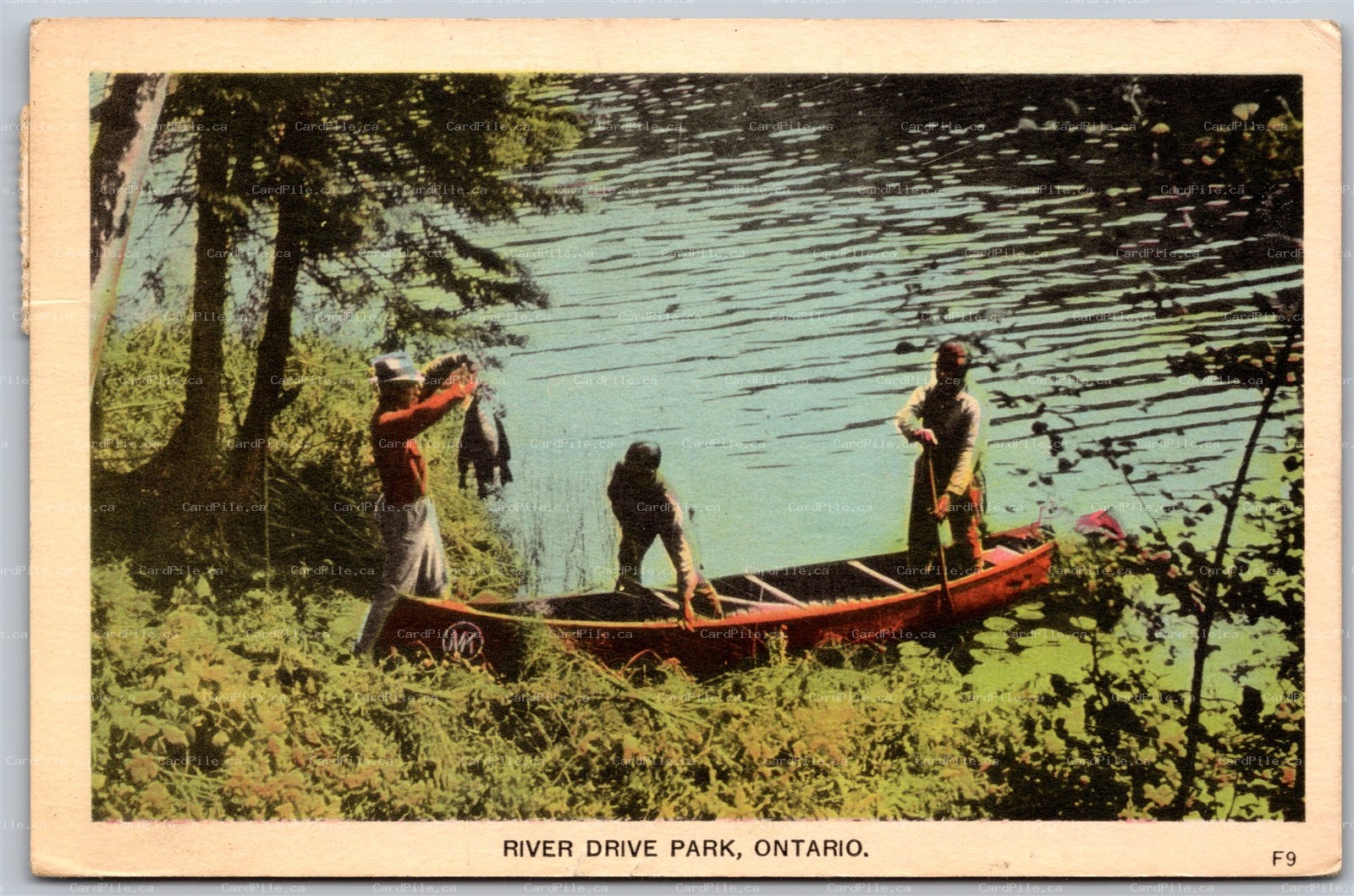 Postcard Holland Landing Ontario 1953 River Drive Park Scenic View Canoe Fishing