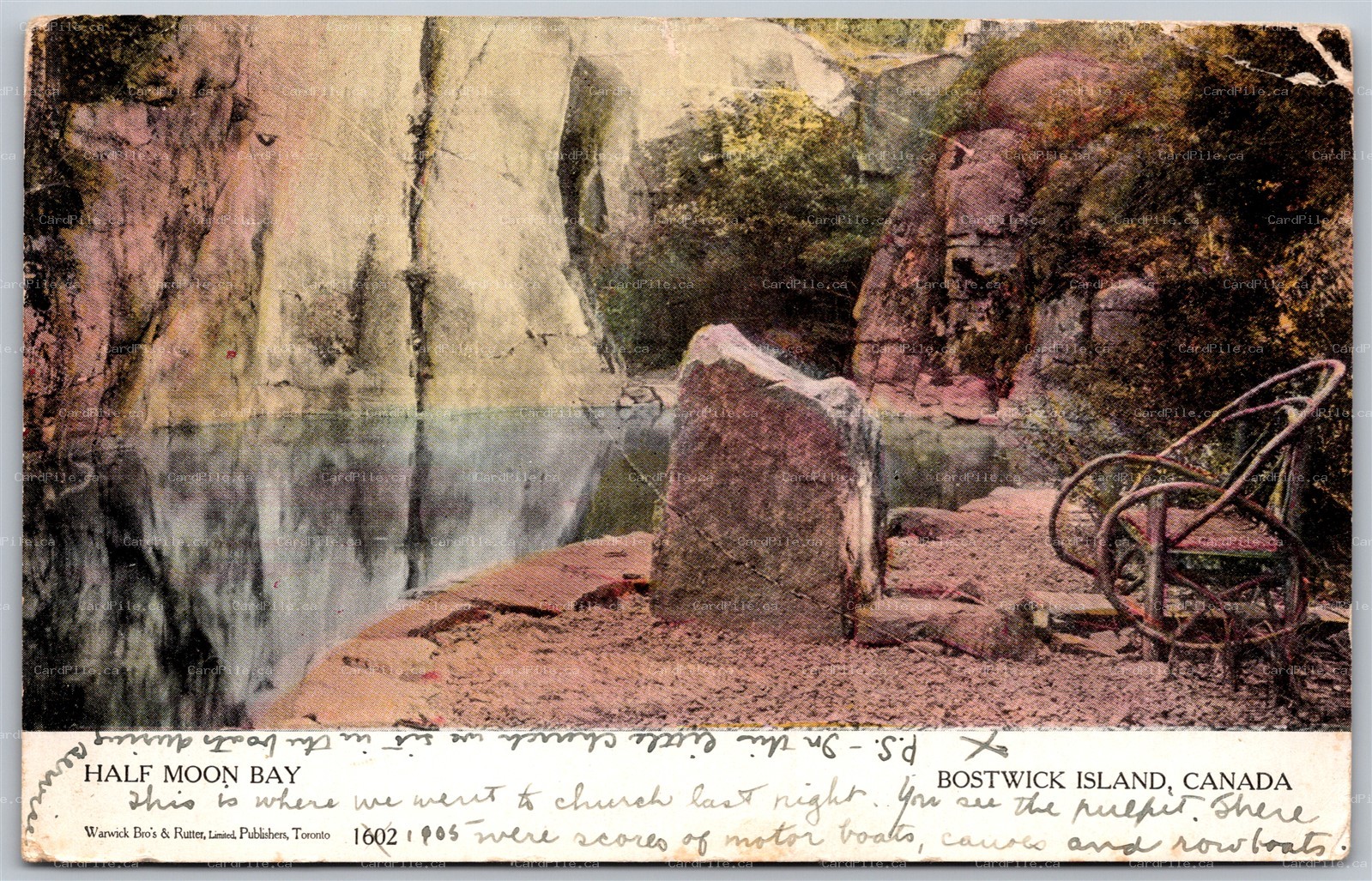 Postcard Bostwick Island ONTc1905 Half Moon Bay Drawings on Back by Warwick