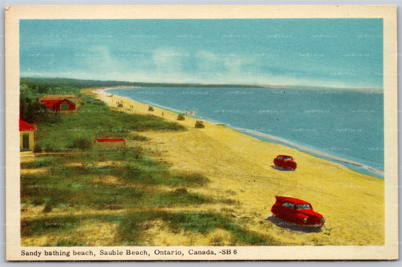 Postcard Sauble Beach Ontario Sandy Bathing Beach Old Cars Bruce County by PECO