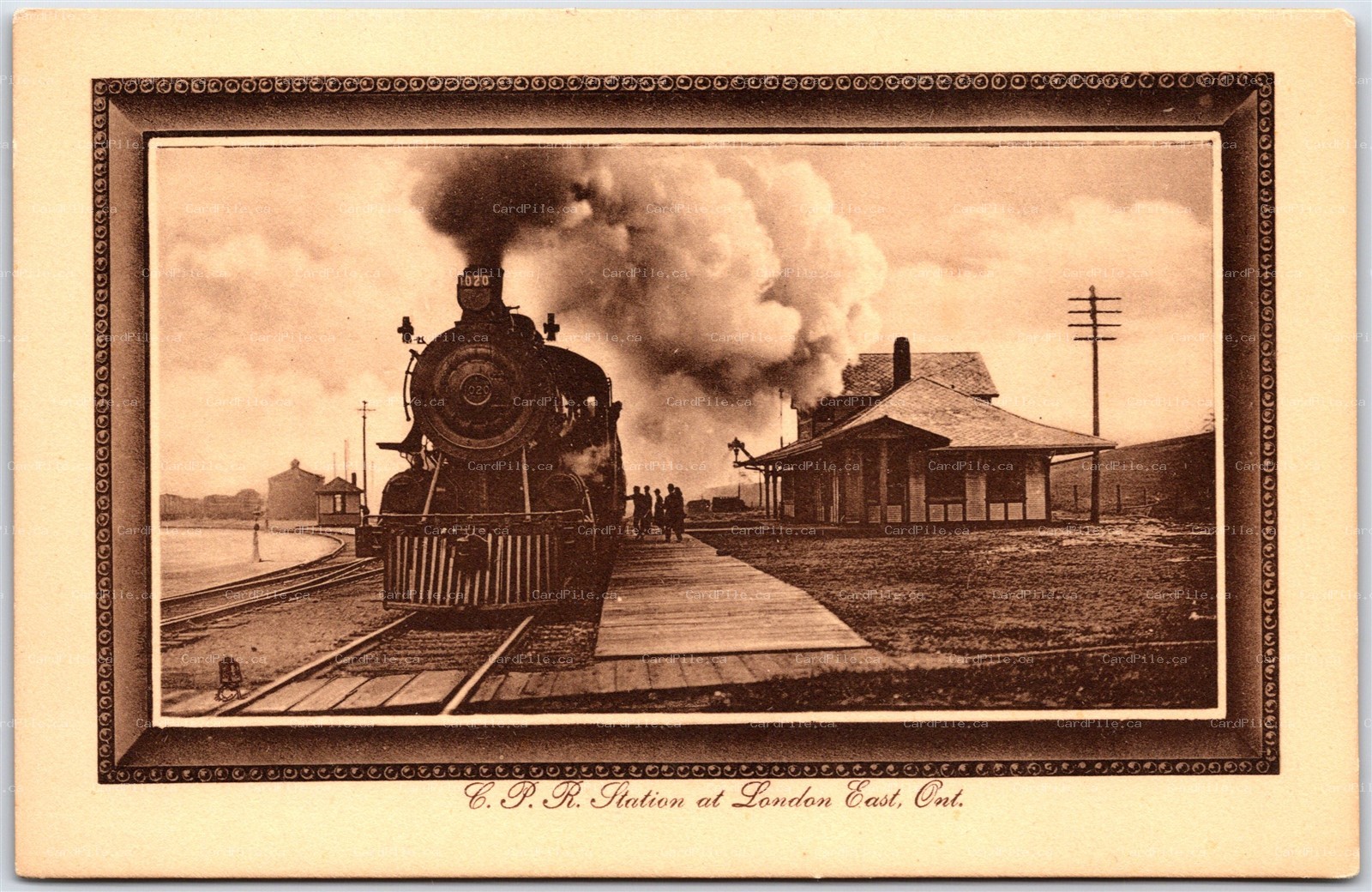 Postcard London East Ontario 1910s CPR Station Locomotive Tuck Framed Art Sepia