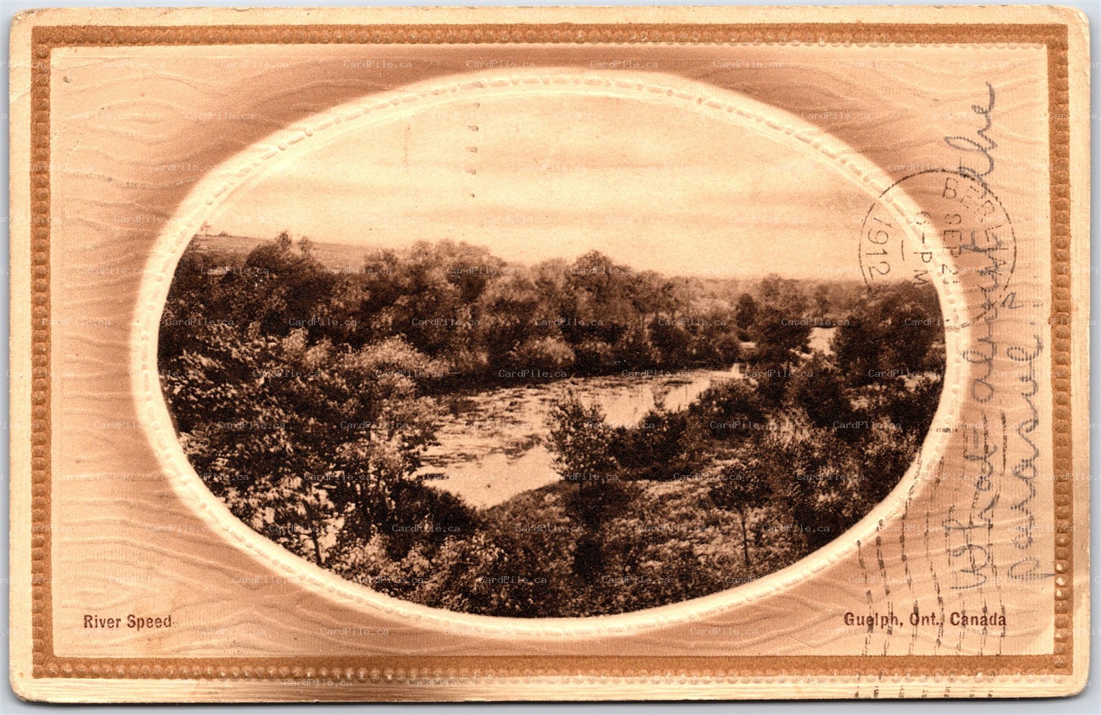 Postcard Guelph Ontario c1912 River Speed Fancy Embossed Border Scenic View