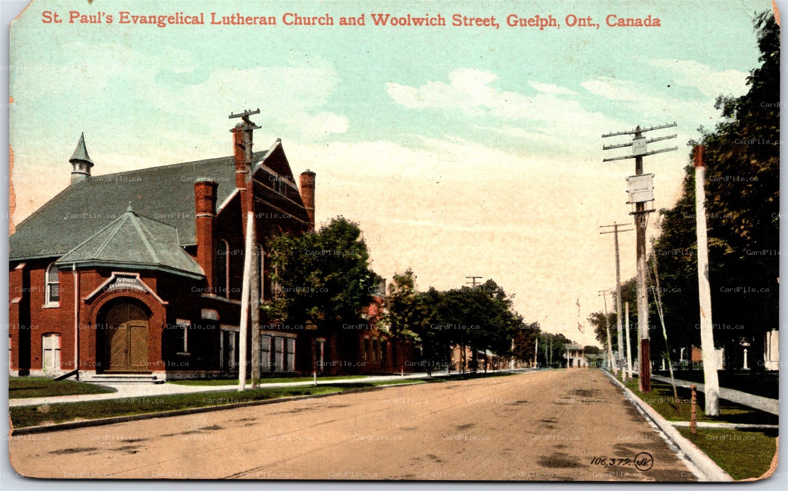 Postcard Guelph Ontario St Pauls Evangelical Lutheran Church and Woolwich Street