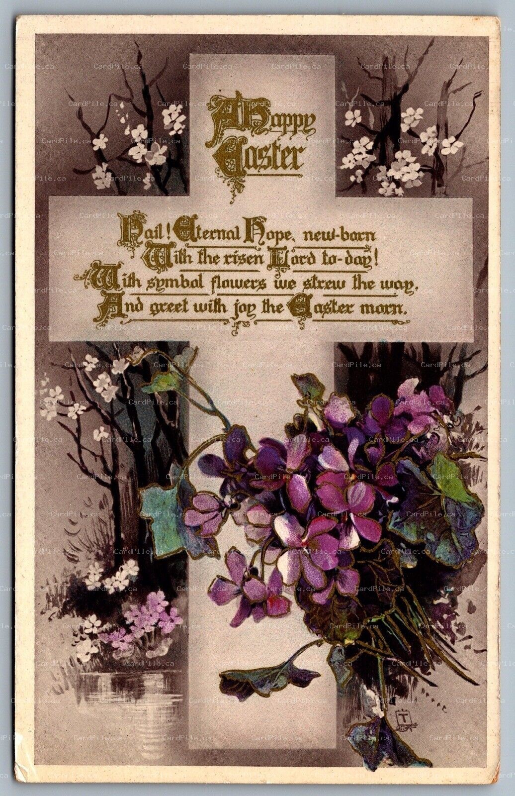 Postcard c1911 A Happy Easter Violets Floral Cross Gilt Tuck Gem Series 