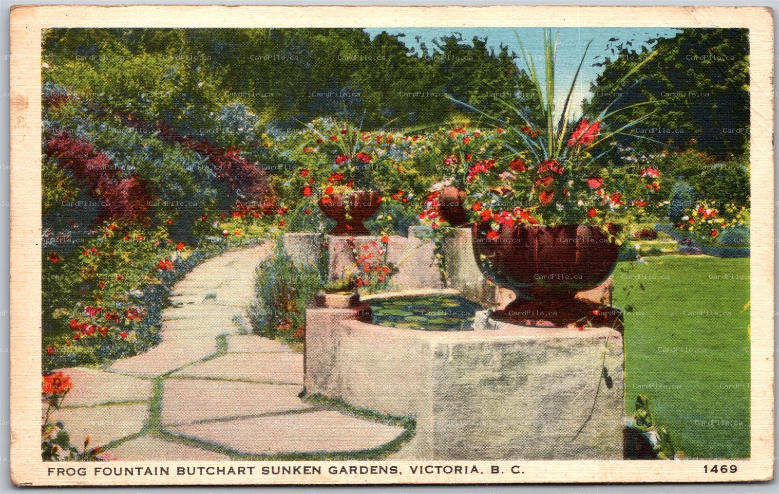 Postcard Victoria British Columbia c1943 Frog Fountain Butchart Sunken Gardens