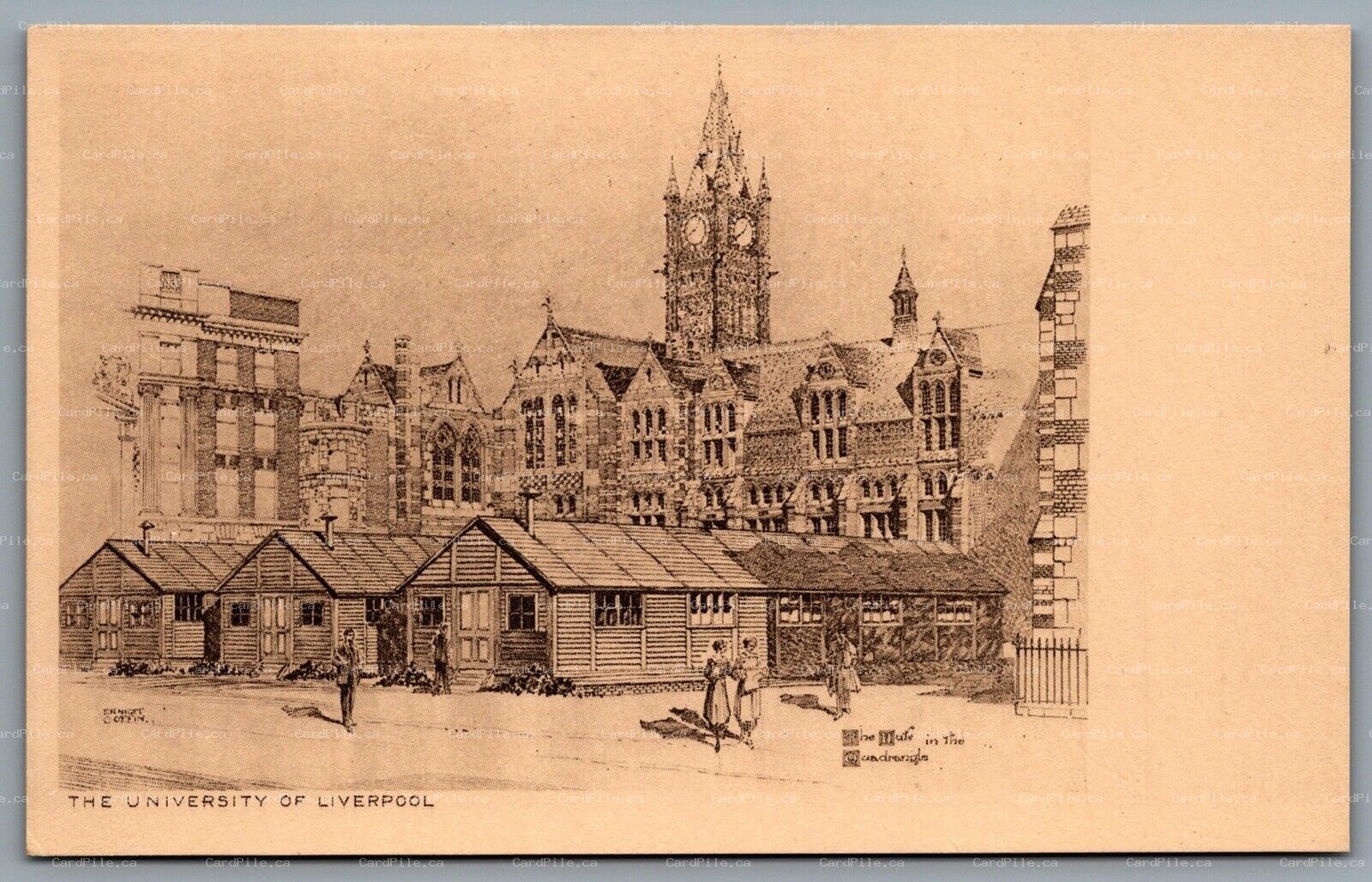 Postcard UK c1920s University of Liverpool Arist Signed Huts In The Quadrangle