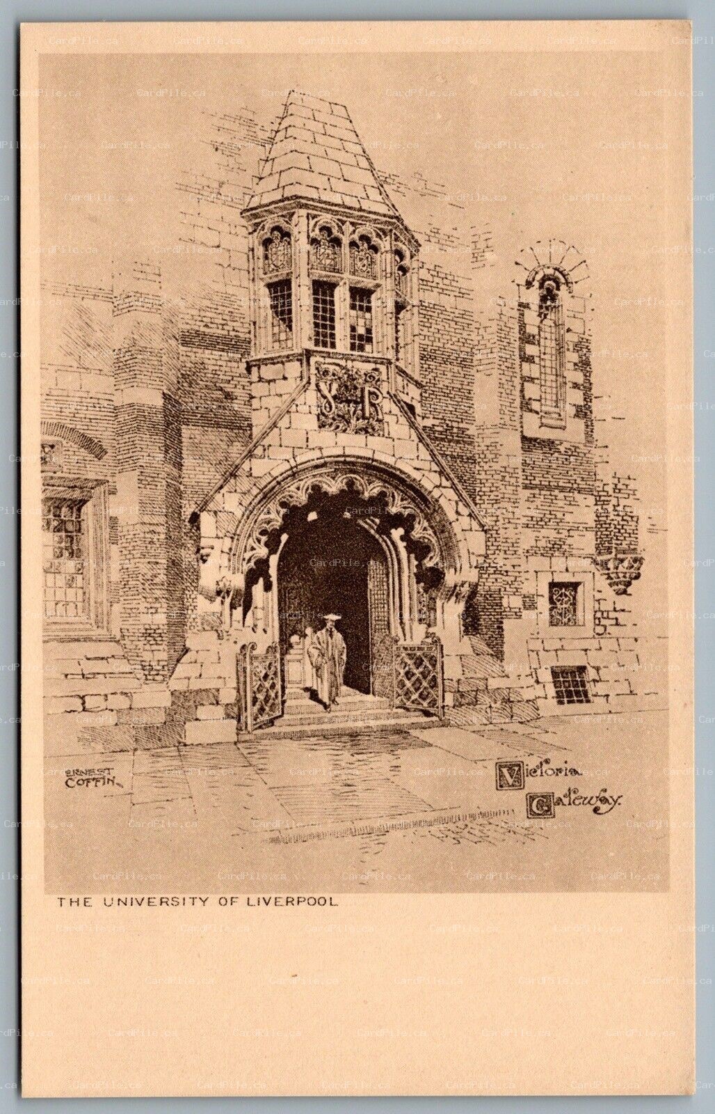 Postcard UK c1920s University of Liverpool Arist Signed Victoria Gateway