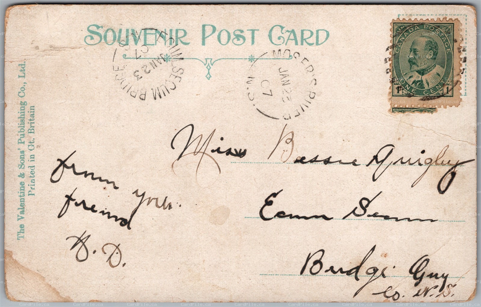 Postcard c1907 Split Ring Cancels Nova Scotia Ecum Secum Bridge & Moser's Point